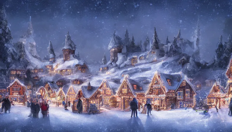 Prompt: Digital painting of a Nordic village decorated with lights built inside a snowy mountain, hyperdetailed, artstation, cgsociety, 8k