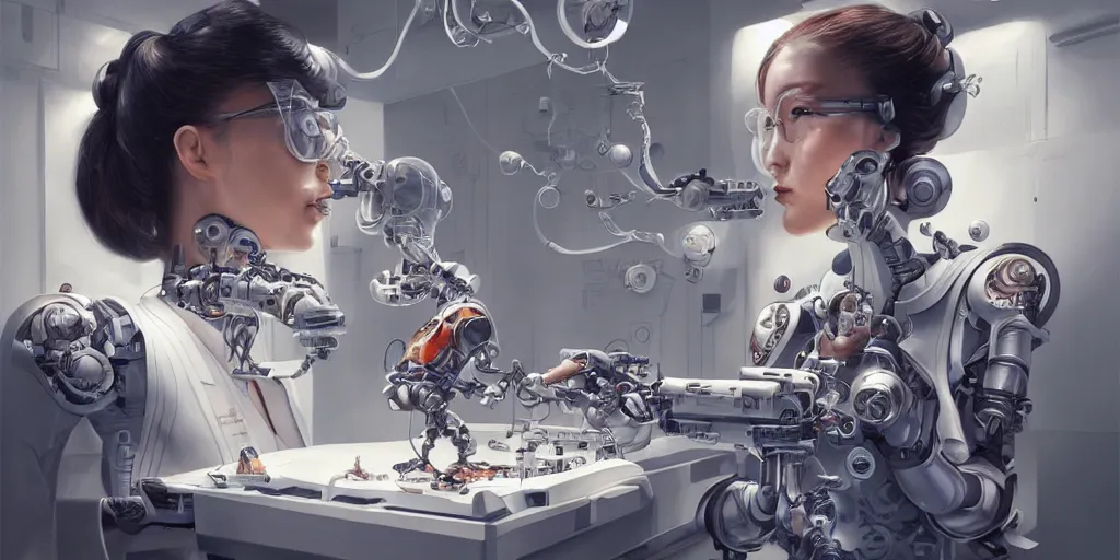 Image similar to hyperrealistic photography of a gorgeous female cyborg scientist constructing an eating machine in the style of jin kagetsu, james jean and wlop, highly detailed, masterpiece, award - winning, sharp focus, intricate concept art, ambient lighting, 8 k, artstation