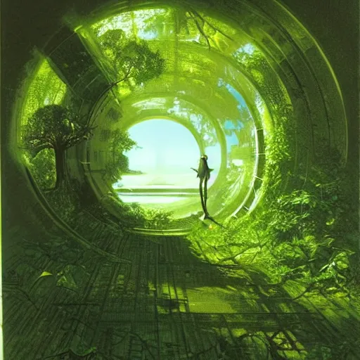 Image similar to portal in a middle of a lush futuristic forest, syd mead, john harris