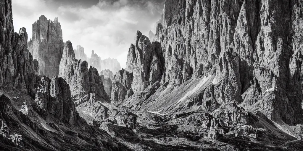 Prompt: photography of dolomites overgrown by roots, dolomites, alpine, detailed intricate insanely detailed octane render, 8k artistic 1920s photography, photorealistic, chiaroscuro, black and white, hd, by David Cronenberg, Raphael, Caravaggio