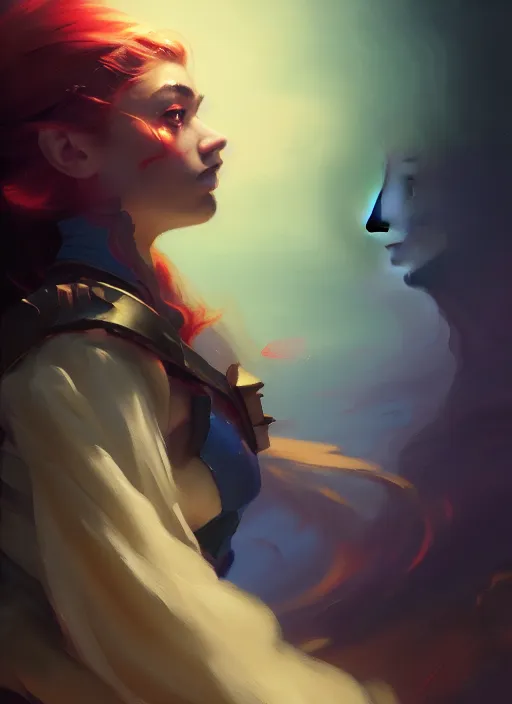 Image similar to side portrait, imogen poots, paladin, gloomhaven, organic painting, hard edges, red - blue tones, luminescent, octane render, by greg manchess, huang guangjian, gil elvgren, sachin teng, greg rutkowski, jesper ejsing, rhads, ilya kuvshinov, cushart krenz