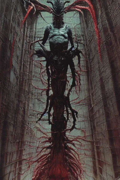 Prompt: terrifying indigenous monster creature inside creepy toronto shopping mall designed by wayne barlowe, beksinski, akihiko yoshida, gantz, moebius, silent hill, neill blomkamp, pixar, kodak polaroid, intricate details, 8 k resolution, hyperrealistic, masterpiece