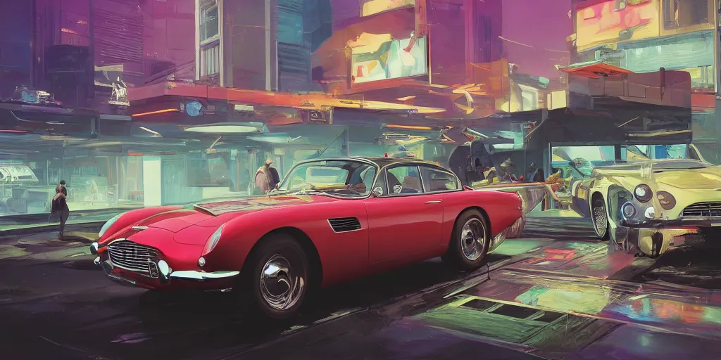 Image similar to art style by Ben Aronson and Edward Hopper and Syd Mead, wide shot view of the Cyberpunk 2077, on ground level. full view of the Aston Martin DB4 1958 with wide body kit modification and dark pearlescent holographic paint, has gullwing doors open.