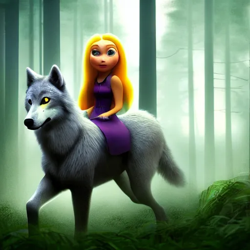 Image similar to medium shot young girl, blond hair green eyes, riding a gray wolf, in a dark forest, mysterious, backlit, beautiful still from a pixar dreamworks movie, trending on artstation