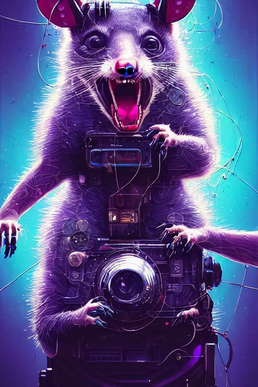 Image similar to a beautiful portrait of a cute cyberpunk opossum screaming by sandra chevrier and greg rutkowski and wlop, purple blue color scheme, high key lighting, volumetric light, digital art, highly detailed, fine detail, intricate, ornate, complex, octane render, unreal engine, photorealistic