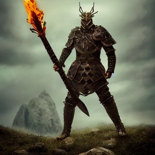 Image similar to full-body-portrait photo brutal nordic Warrior, wearing intricate steel armor, holding magical fiery battle-axe, sharp focus, highland landscape with few trees background, magical aura, heroic pose, fantasy style, octane render, volumetric lighting, 8k high definition, highly detailed, trending on ArtStation, centered