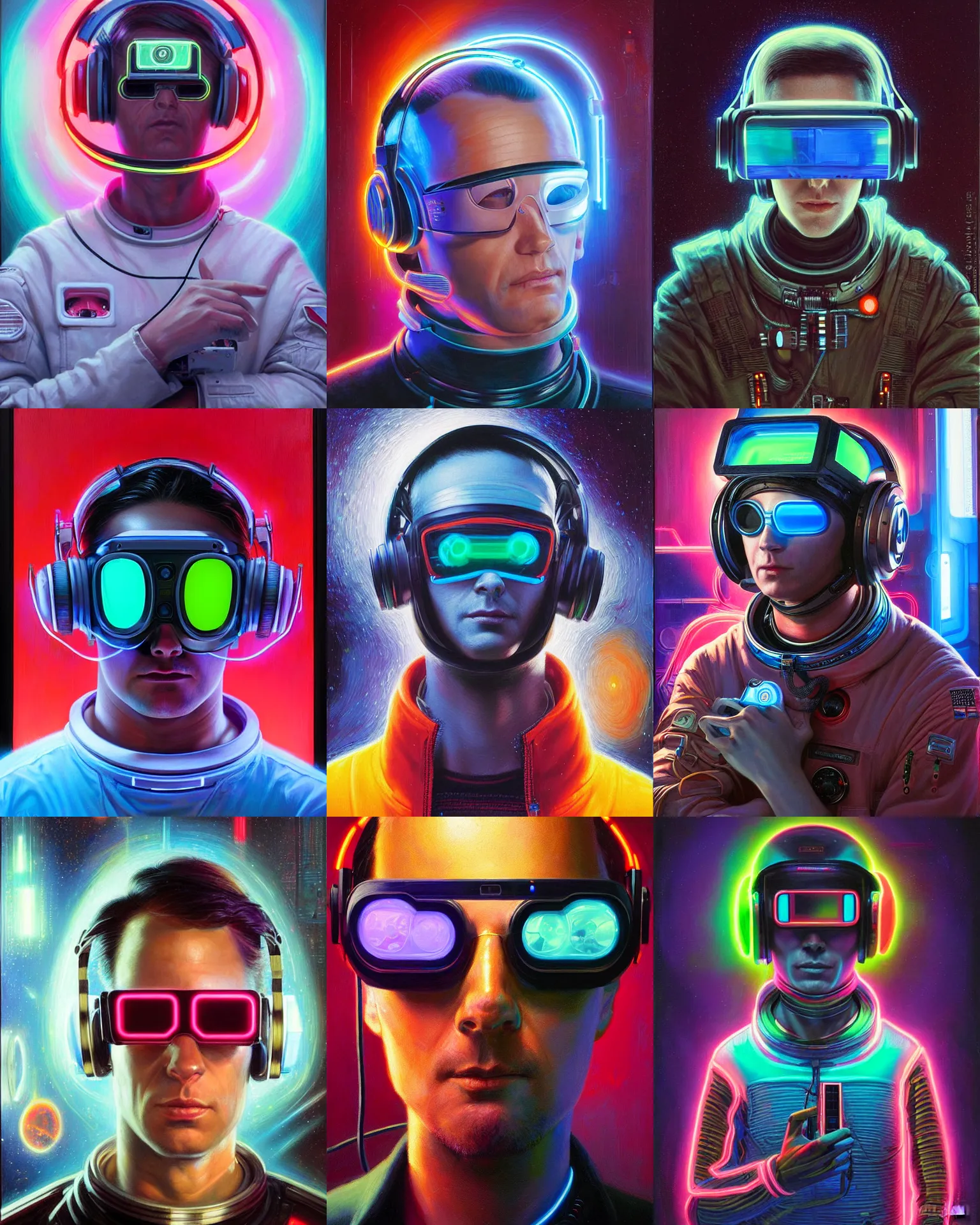 Prompt: neon cyberpunk programmer with laser visor over eyes and sleek headphones headshot desaturated portrait painting by donato giancola, dean cornwall, rhads, tom whalen, alex grey astronaut fashion photography