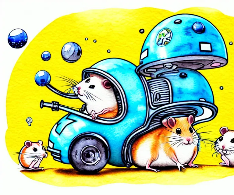 Image similar to cute and funny, hamster wearing a helmet riding in a tiny rocket ship, ratfink style by ed roth, centered award winning watercolor pen illustration, isometric illustration by chihiro iwasaki, edited by range murata, tiny details by artgerm and watercolor girl, symmetrically isometrically centered, focused