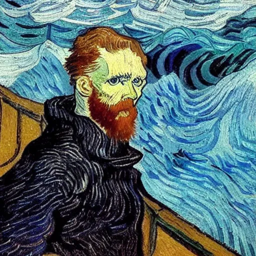 Prompt: a guy with white hoodie in the abyss of the sea, very deep, by van gogh