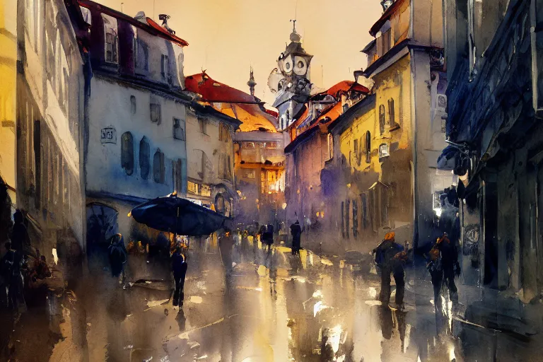 Image similar to small centered on watercolor paper, paint brush strokes, abstract watercolor painting of lisbon, cinematic light, national romanticism by hans dahl, by jesper ejsing, by anders zorn, by greg rutkowski, by greg manchess, by tyler edlin