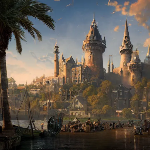 Prompt: a seaside magical village with witches and knights and a grand university of magic and science visible in the distance, inspired by victorian england and amsterdam, palm trees, highly detailed, intricate, digital painting, trending on artstation, concept art, matte painting, art by greg rutkwowski, craig mullins, octane render, 8 k, unreal engine