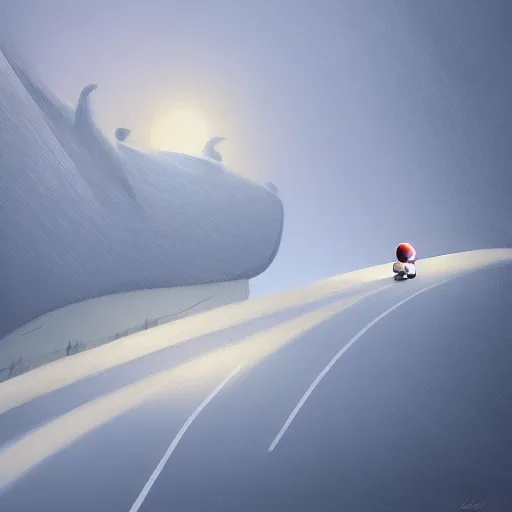 Image similar to Goro Fujita ilustration a road that descends from the top of the mountain giving curves with snow, painting by Goro Fujita, sharp focus, highly detailed, ArtStation
