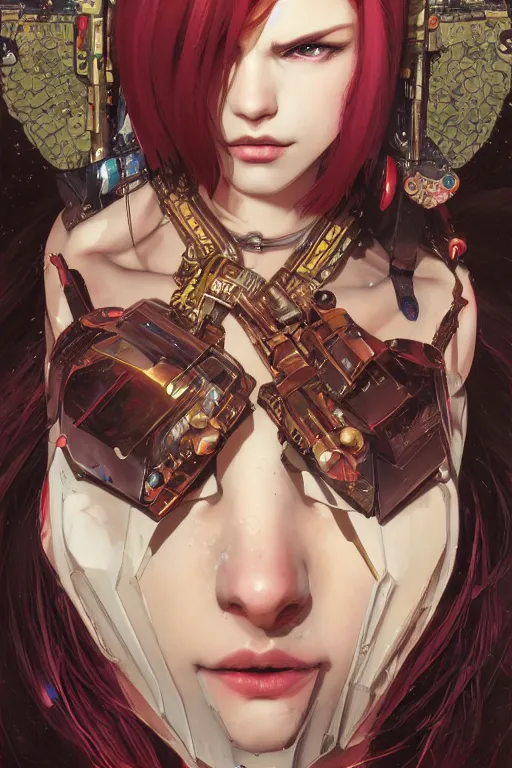 Prompt: portrait of beautiful young devil, cyberpunk, Warhammer, highly detailed, artstation, illustration, art by Gustav Klimt and Range Murata and Ilya Kuvshinov and Sakimichan