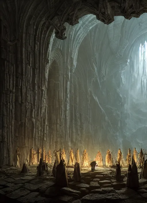 Image similar to group of medieval adventurers in the shire scenery landscape, lord of the rings, inside an enormous alien cathedral, portal to another dimension, highly detailed, cinematic lighting, perfect composition, 4 k, gustave dore, derek zabrocki, greg rutkowski, beksinski, octane render