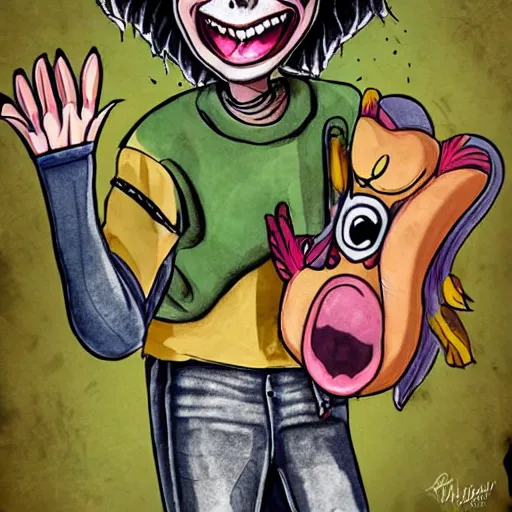 Prompt: grunge drawing of a happy billie eilish in the style of loony toons | horror themed | pennywise style