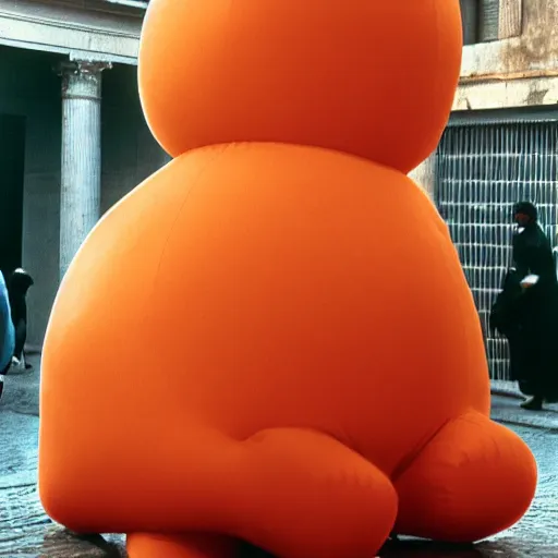 Prompt: an ample woman dressed as a squishy inflatable toy, from behind, smiley passersby, on the streets of rome, film still, fellini 1977 technicolor