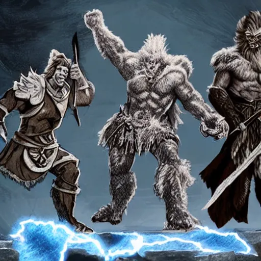 Image similar to dnd frost giant towering over some warriors, catperson, goblins