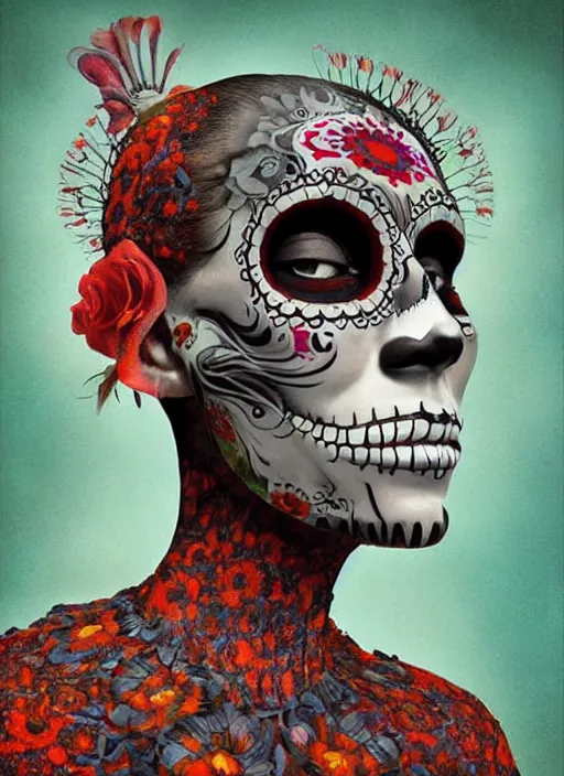 Image similar to dia de los muertos theme surrealist!!! art in the styles of igor morski, jim warren, and aida muluneh, intricate, hyperrealistic, accurate facial details, profile picture with chromakey!!!!! background, volumetric lighting