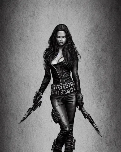 Image similar to Adriana Lima in sons of anarchy tv show, wearing leather , D&D style , highly detailed, digital art, trending on artstation, smooth, sharp focus, illustration, art by artgem and ROBERT HYNES