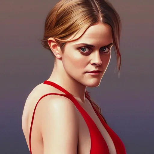 Image similar to ultra realistic illustration, alicia silverstone wearing a red v - neck one - piece swimsuit, intricate, elegant, highly detailed, digital painting, artstation, concept art, smooth, sharp focus, illustration, art by artgerm and greg rutkowski and alphonse mucha