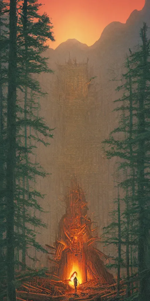 Prompt: Twin Peaks poster artwork by Michael Whelan and Tomer Hanuka, Rendering of log pile factory, which is the portal to the the evil ones, full of details by Makoto Shinkai and thomas kinkade, Matte painting, trending on artstation and unreal engine.