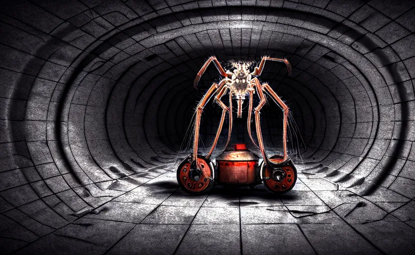 Image similar to mechanical spider in a large dimly lit sewer, ultra detailed digital art, fine drawing, hyper real, 4 k, moody lighting, warm colors