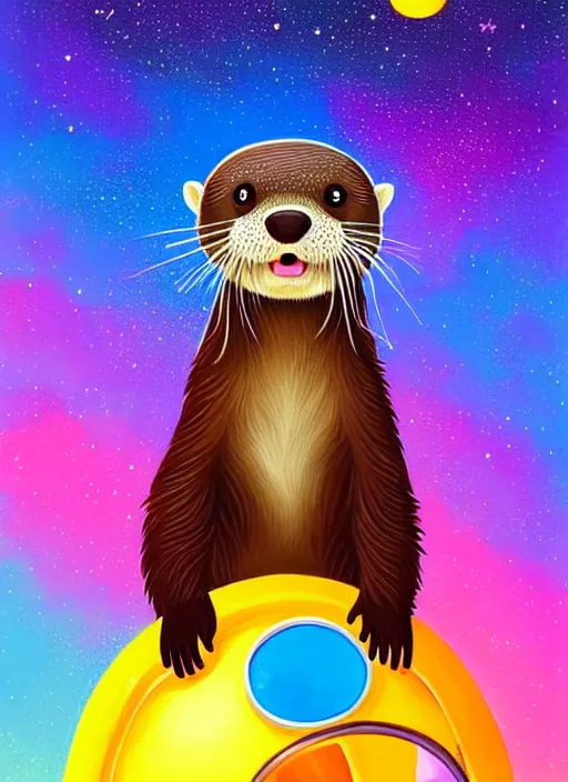 Image similar to a portrait of a cute otter with a space helmet, swimming through a colorful galaxy!!!!!!!!!!!, detailed, artstation, art by rhads and miyazaki