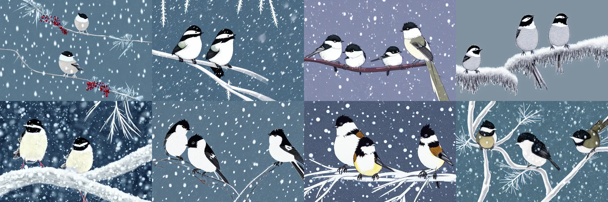 Prompt: a pair of chickadees sitting on the branch of a mountain ash tree, with red berries and icicles hanging down, in the winter, snowing, gray sky with wispy clouds, in the anime style of studio ghibli and hayao miyazaki, highly detailed digital art