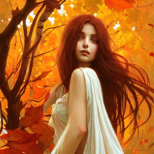 Prompt: girl with super long hair, hair becoming autumn red leaves, digital painting, artstation, illustration, art by artgerm and greg rutkowski and alphonse mucha