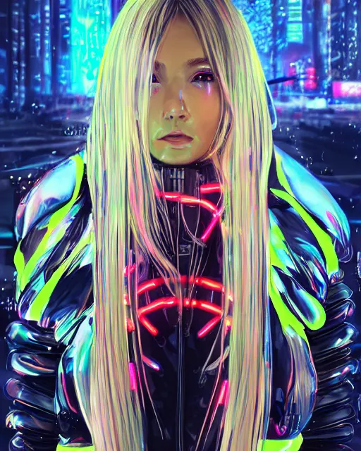 Prompt: detailed portrait neon guard girl with long straight blonde hair seen from the back, cyberpunk futuristic, reflective puffer jacket, black leggings, decorated with traditional ornaments in front of a dystopian crowd with piles of garbage, perfect face, fine details, realistic shaded, fine - face, pretty face by rossdraws