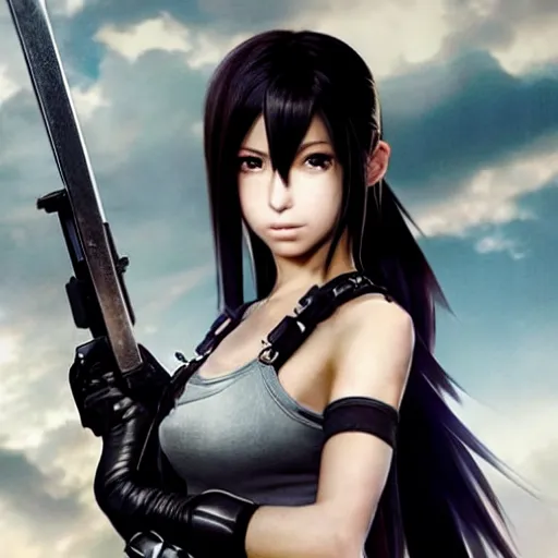 Prompt: promotional beautiful realistic portrait of a combination of <Tifa Lockhart's and Aerith Gainsborough's and Yuffie Kisaragi's> appearances as Ninja Martial Arts Priestess in the new movie directed by Tetsuya Nomura, heavily armored and brandishing sci-fi blaster, perfect face, movie still frame, promotional image, imax 70 mm footage