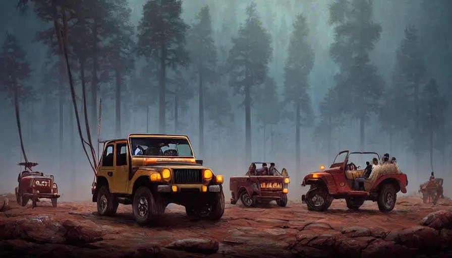 Prompt: Mahindra thar, tribe members watching nearby, an epic fantasy, dramatic lighting, cinematic, establishing shot, extremely high detail, photorealistic, cinematic lighting, artstation, by simon stalenhag, horizon forbidden west