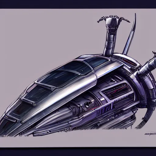 Image similar to coloured pencil of alien spaceship scifi tech hardsurface shape form exploration, big medium small ornaments, artstation, colored marker, syd mead, hr giger, concept art