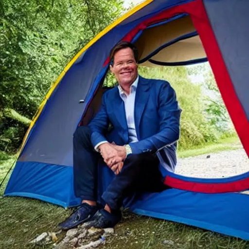 Image similar to mark rutte chilling in front of a tent on a camping in Italy, press photograph