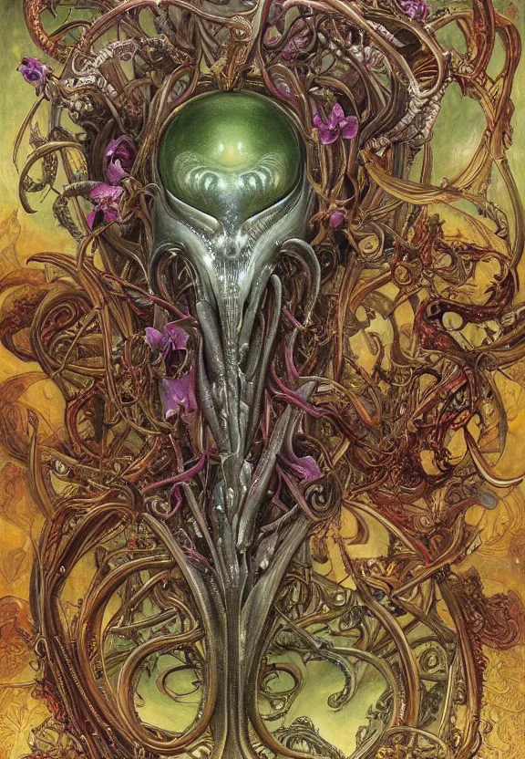 Image similar to simplicity, elegant, colorful muscular eldritch orchids, lilies, flowers, bodies, neon radiating from fractal, mandalas, by h. r. giger and esao andrews and maria sibylla merian eugene delacroix, gustave dore, thomas moran, pop art, giger's biomechanical xenomorph, art nouveau