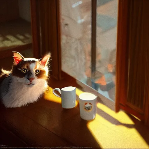 Prompt: a cat in the tavern holding a mug of beer, early morning light from window, craig mullins, hayao miyasaki, artstation, 3 d render, octane