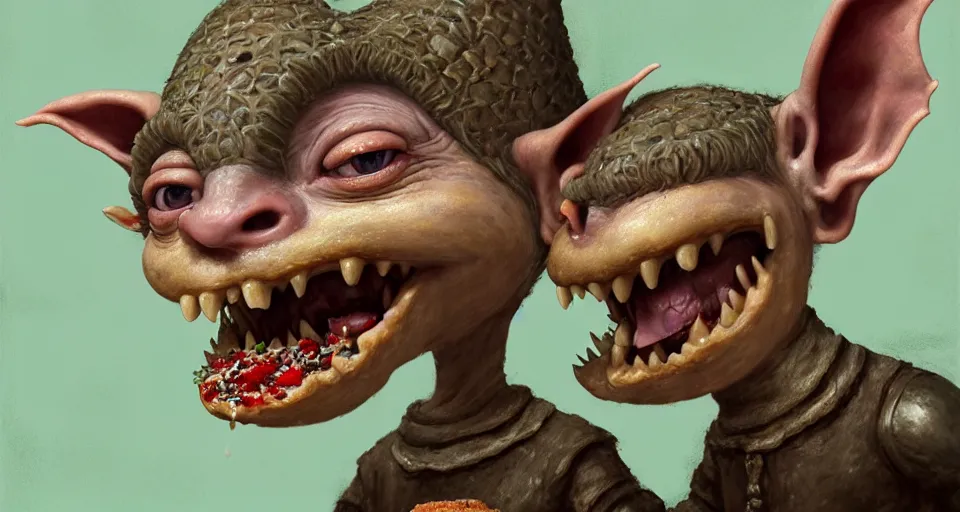 Image similar to closeup profile portrait of a medieval goblin eating cakes in the castle kitchen, nicoletta ceccoli, mark ryden, lostfish, max fleischer, hyper realistic, artstation, illustration, digital paint, matte paint, vivid colors, bright, cheerful, detailed and intricate environment