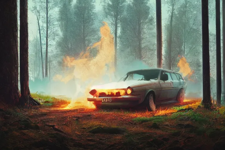 Image similar to burning car standing in a beautiful swedish forest, highly detailed, hyperrealistic, very sharp focus, intricate, soft lighting, wide shot photograph, digital painting by simon stålenhag