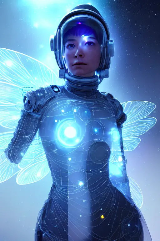 Image similar to the power of light transparent fairy looking at you with a blured snapshot of the universe in the background from'lost in space ( 2 0 1 8 ) ', frontal view, long shot, cinematic light, realistic shaded lighting cyberpunk futuristic, digital art, trending on artstation, highly detailed, fine detail, intricate, masterpiece,