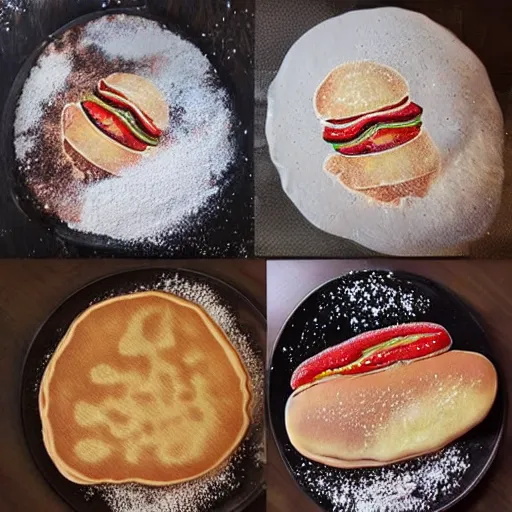 Image similar to highly detailed, art, realistic, pancakes sprinkled in white powder with hotdogs on top