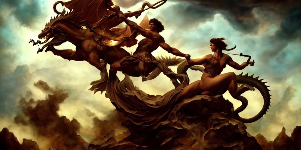 Image similar to Hercules riding the Colchian dragon into battle, by Rolf Armstrong and Evelyn De Morgan and Bastien Lecouffe-Deharme, dramatic lighting, high contrast colors, baroque, empyrean, panoramic view, as trending on Artstation, highly detailed, doom engine,