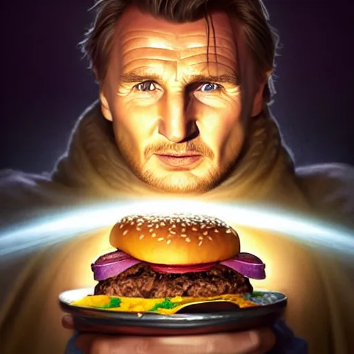 Prompt: portrait of Liam Neeson eating hamburgers, extra toppings, luscious patty with sesame seeds, feminine ethereal, holy sacred light rays, volumetric light, D&D, fantasy, intricate, elegant, highly detailed, digital painting, artstation, concept art, matte, sharp focus, illustration, hearthstone, art by Artgerm and Greg Rutkowski and Alphonse Mucha