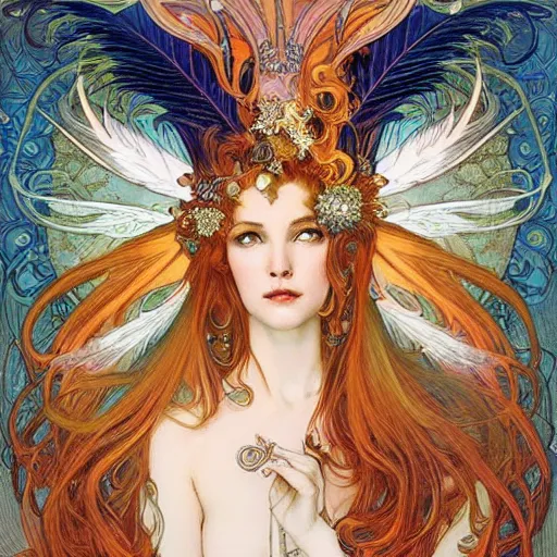 Prompt: realistic detailed face portrait of an otherworldly fairy tale Phoenix Queen with fiery feathers in her hair by Alphonse Mucha, Ayami Kojima, Amano, Charlie Bowater, Karol Bak, Greg Hildebrandt, Jean Delville, and Mark Brooks, Art Nouveau, Neo-Gothic, gothic, rich deep moody colors