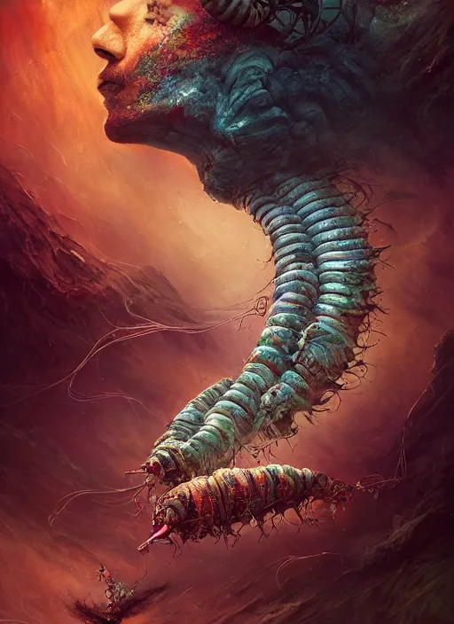 Prompt: the caterpillar, highly detailed, cinematic, 8 k, by megan duncanson, benjamin lacombe, adrian borda, stanley artgermm, tom bagshaw, craig mullins, carne griffiths, ayami kojima, beksinski, giger, trending on deviantart, hyper detailed, horror, full of colour