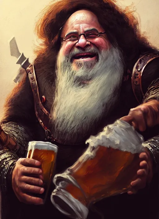 Image similar to Portrait of Danny Devito as a Dwarven Axeman with a white beard, He is drinking beer at a tavern, realistic, detailed, 4k by Greg Rutkowski Mark Arian trending on artstation