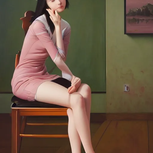 Image similar to oil painting by ilya kuvshinov,, baugh casey, rhads, coby whitmore, of a youthful japanese beauty, long hair, sitting on antique chair leaning against a desk, victorian room, highly detailed, breathtaking face, studio photography, dawn, intense subsurface scattering, blush, supple look, innocence, soft spray