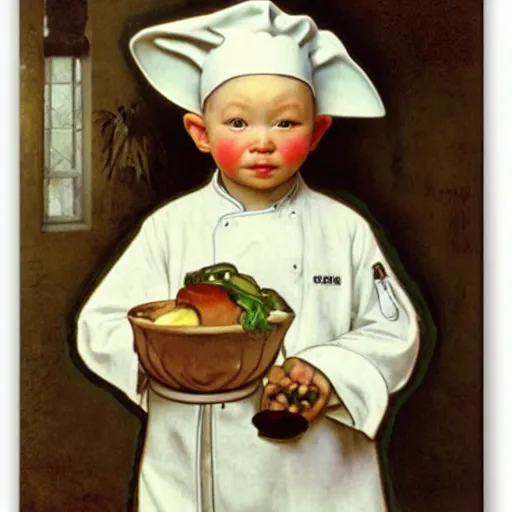 Image similar to baby yoda as a chef wearing a white apron and wearing a white chef's hat, by Jan van Eyck, by alphonse mucha