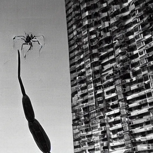 Image similar to “ still image taken from sci fi horror movie of a giant praying mantis attacking a city. low camera angle. 1 9 6 0 ”