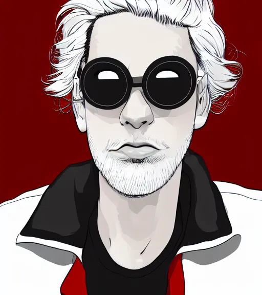 Image similar to young man in red jacket and white shirt, white hair, round goggles, smoking cigarette, character portrait, sharp focus, illustration, high detailed