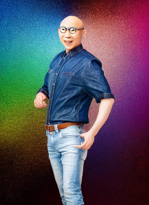 Image similar to japanese man with bald head and beard wearing short denim and leather clothes dancing next to a rainbow, full body portrait, dynamic lighting